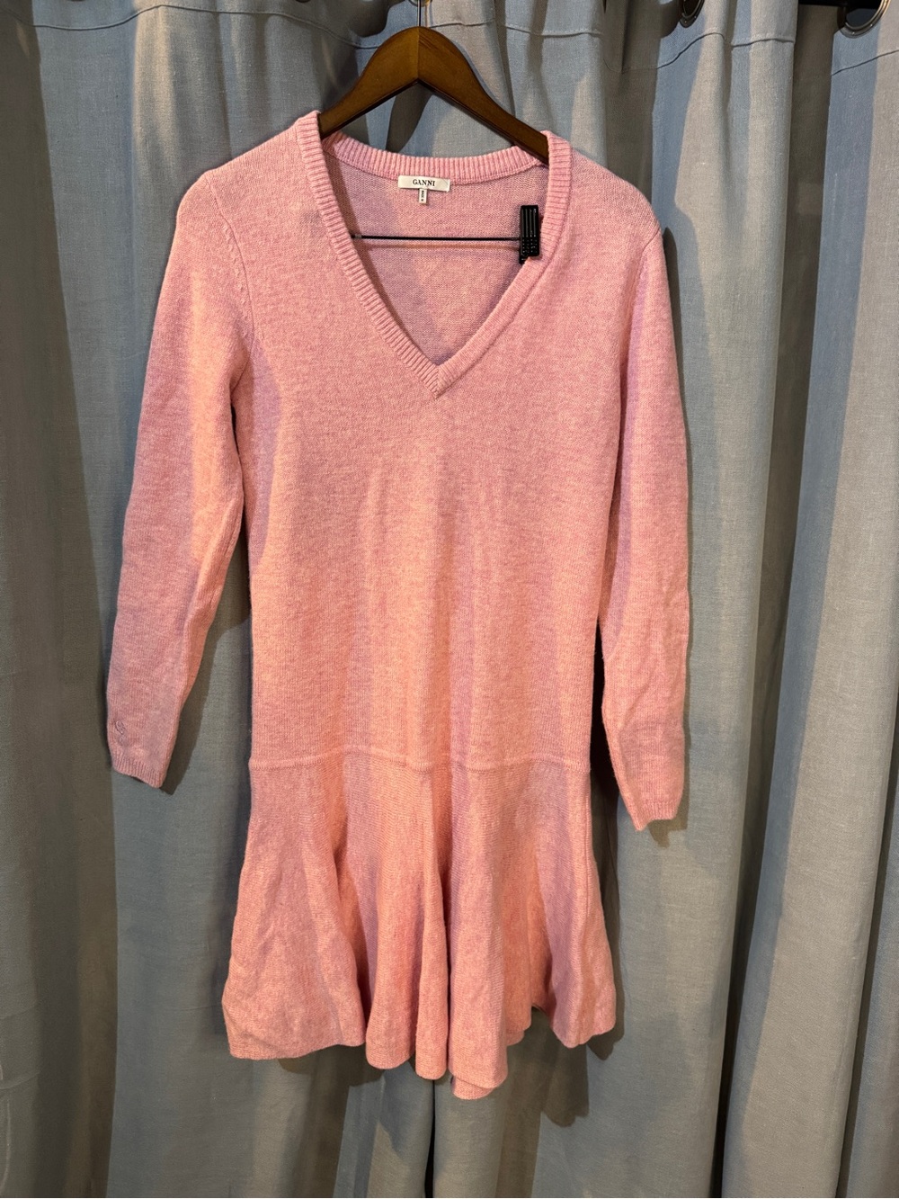 GANNI Mercer Merino Wool Fluted Dress in Sea Pink Women’s Size Small